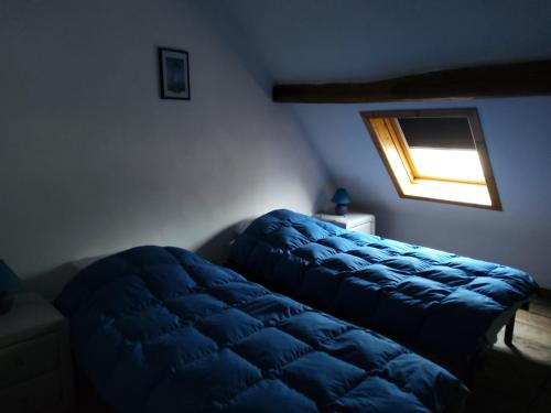 MazéeにあるLe terniaの窓のある部屋にある青いキルトのベッド