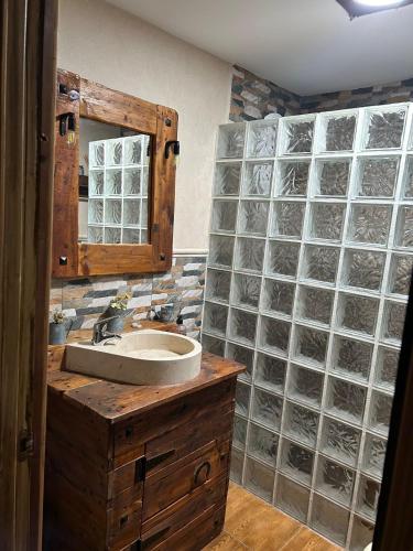 a bathroom with a sink and a glass wall at ESTUDIO LAS PALMILLAS in Puebla del Río