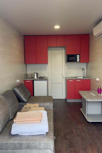 a living room with a couch and red cabinets at Sherwood Lake Hotel in Berezovka