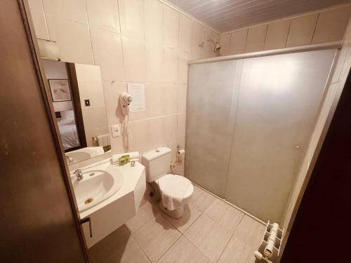 a bathroom with a toilet and a sink and a shower at Zermatt Hotel in Gramado