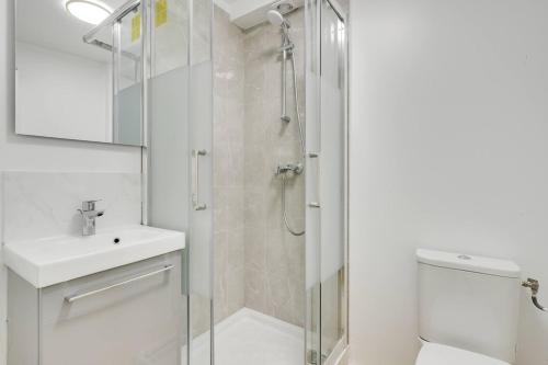 a bathroom with a shower and a sink and a toilet at Nid Douillet au Bord du Canal #A in Chelles