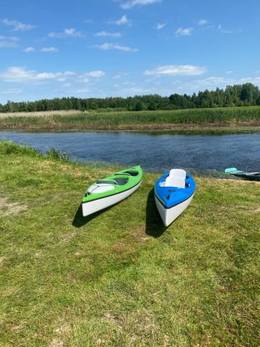 two boats sitting on the grass next to a river at Biebrzańska Przystań 3 in Goniadz