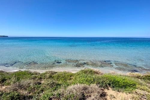 a beach with clear blue water and green plants at Casa Susy in Oristano