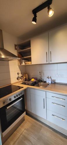 a kitchen with white cabinets and a stove and a sink at Almchalet mit Pool und Sauna in Missen-Wilhams