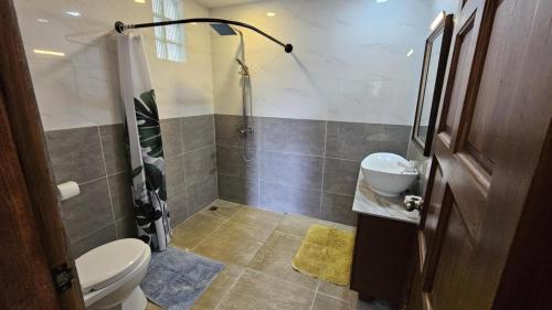 a bathroom with a shower with a toilet and a sink at 1 Bedroom Ensuite Beach House in Nasugbu