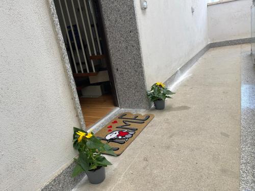a door step with two plants and flowers on it at Deliziosa casa a Fregene in Fregene