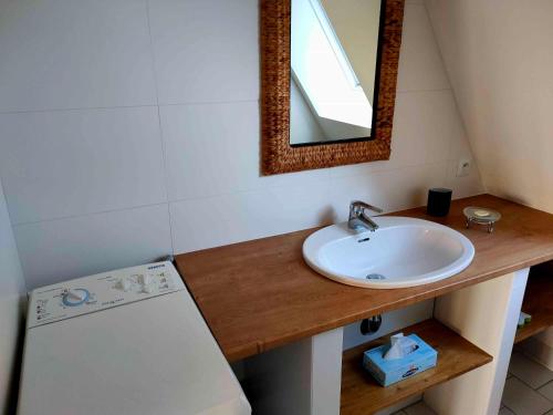 une salle de bain avec un lavabo et un miroir dans l'établissement Léonard, à Saumur