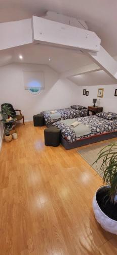 - une chambre avec 2 lits au milieu dans l'établissement Nalan Johannisien, Maison piscine chauffée-Spa, Paris CDG-Disney, à Jagny-sous-Bois