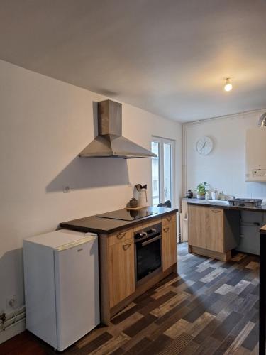 une cuisine avec une cuisinière et un réfrigérateur dans l'établissement Appartement du pilori centre ville, à Saint-Jean-dʼAngély