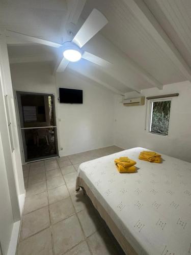 a bedroom with a bed and a ceiling fan at Gwada Rêves in Sainte-Anne