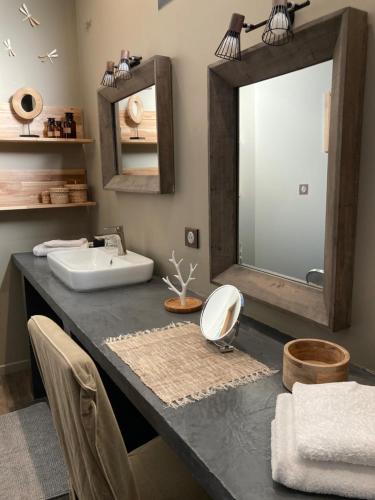 une salle de bain avec un lavabo et un miroir dans l'établissement La Longère de Chillac campagne chic jacuzzi, à Morizès