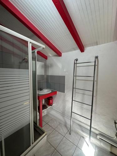 a bathroom with a shower and a sink and a ladder at Gwada Rêves in Sainte-Anne