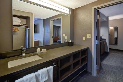 a bathroom with a sink and a large mirror at Courtyard by Marriott Cincinnati Airport in Erlanger