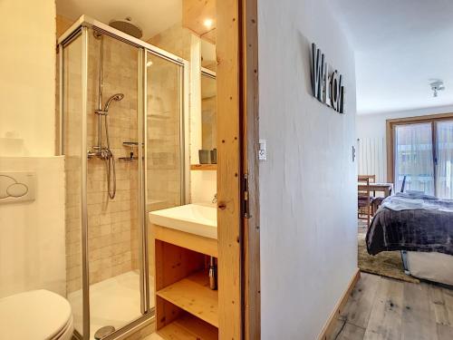 a bathroom with a shower and a sink and a toilet at Asters 6 in Verbier