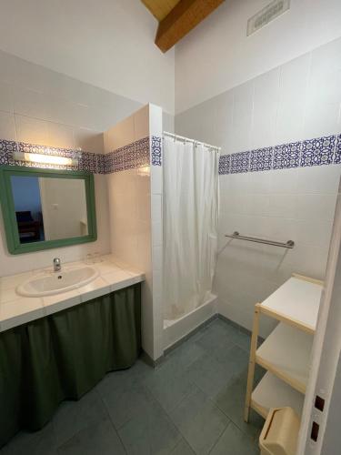 une salle de bain avec un lavabo et une douche avec un miroir dans l'établissement Le Râteau Bavoir, à Calvi