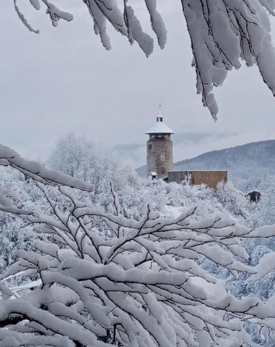 a snow covered tree with a lighthouse in the background at Guesthouse Pavličić in Drežnik Grad