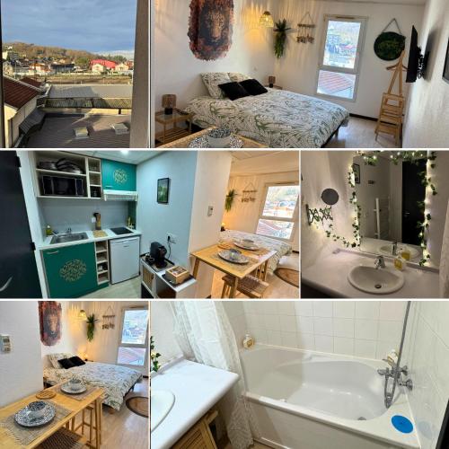 un collage de photos d'une chambre avec un lit et une salle de bains dans l'établissement Jungle - Vue - Clim - Wifi, à Lourdes