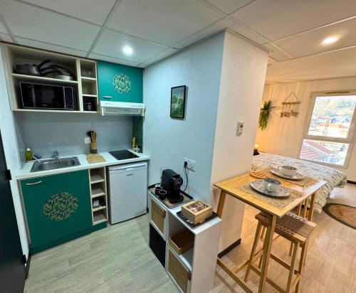 une petite cuisine avec un évier et une table dans l'établissement Jungle - Vue - Clim - Wifi, à Lourdes
