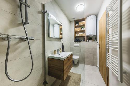 a bathroom with a sink and a shower at 3 Apartmány SKI Jasná in Demanovska Dolina