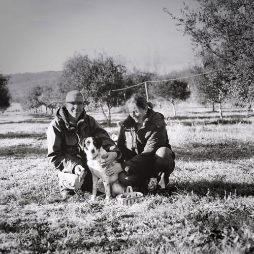 two men and a dog sitting in a field at Ferme des Petites Oreilles 4 étoiles in Montignac