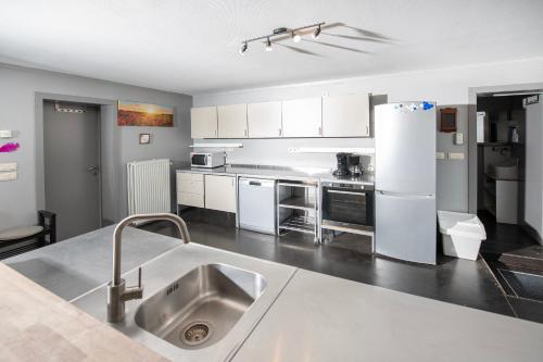 a kitchen with a sink and a white refrigerator at DE SMISHOEVE met kinderpret, dieren en wellness in Heers