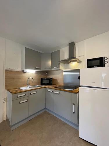 une cuisine avec un évier et un réfrigérateur dans l'établissement Appartement plein centre d'epinal, à Épinal