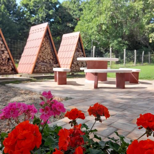 a park with two picnic tables and red flowers at Mátra Gold Vendégház in Mátraszentimre