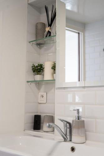 La salle de bains est pourvue d'un lavabo et d'un miroir. dans l'établissement Cozy apartment in Le Marais, à Paris