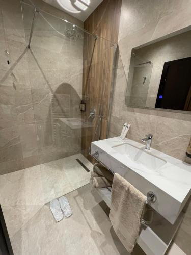 a bathroom with a sink and a shower at PineHill Hotel, Restaurant , Pool & Spa - RAZEM in Razëm