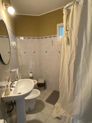 a bathroom with a sink and a shower curtain at San Roque in San Roque