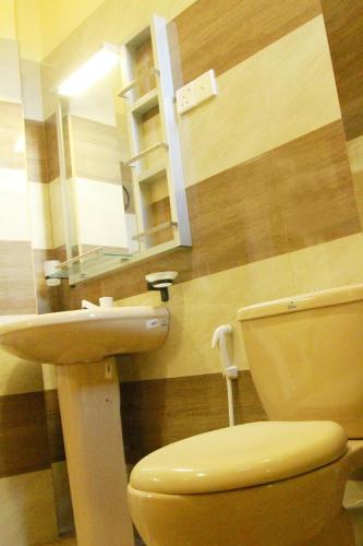 a bathroom with a toilet and a sink and a mirror at kosala appartment in Weligama