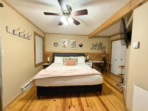 a bedroom with a bed and a ceiling fan at Plentiful Porches - Hot Tub - King Bed - Views in Banner Elk
