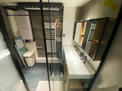 une salle de bain avec une douche, un lavabo et un miroir dans l'établissement 3 BR With AC- Opéra Garnier -Galeries Lafayette, à Paris