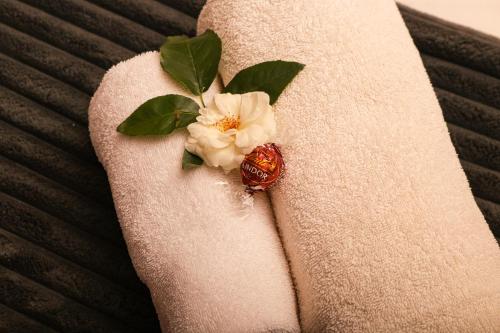 a flower on the arm of a bed at Diamantvallei Landgoed in Rayton