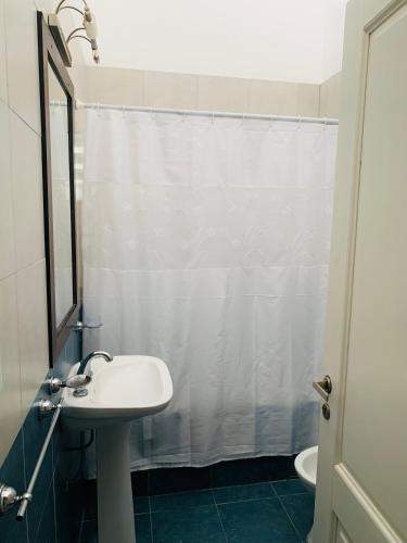 a bathroom with a sink and a shower curtain at LOS SAUCES CHASCOMUS in Chascomús