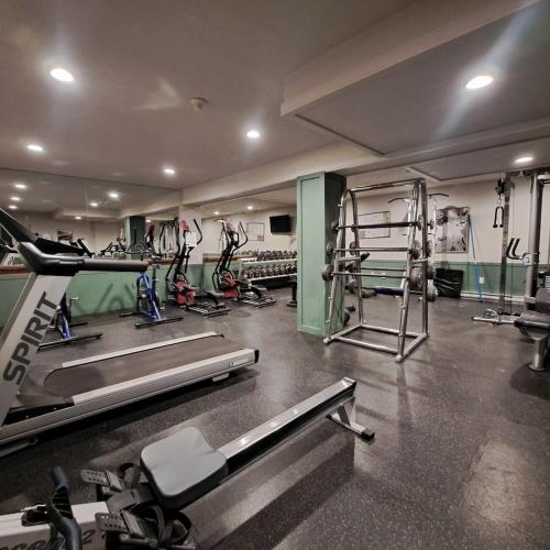 a gym with several treadmills and machines in it at Ravenwood Cabin by StayIn in Panorama