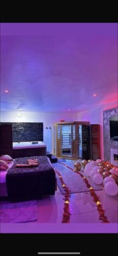 - une chambre avec un lit et un plafond violet dans l'établissement Suite Dream, à Montigny-lès-Cormeilles