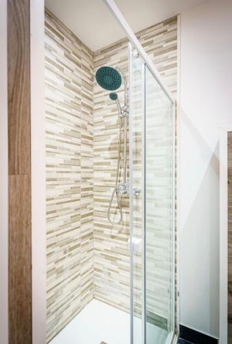 d'une douche à l'italienne avec une porte en verre. dans l'établissement Appartement Royal séjour, Parking gratuit, à Saint-Quentin