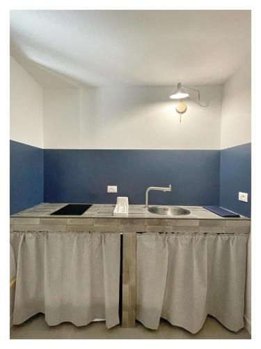 a kitchen with a sink and a blue wall at La casa in fontana in Cerdomare