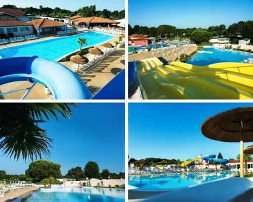 a collage of four pictures of a swimming pool at Mobil Home Moderne de 40m2 TOUT CONFORT Camping SIBLU Les CHARMETTES 785 La Palmyre Les Mathes in Les Mathes