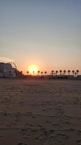 a sunset on the beach with palm trees at Les Petites Maisons in Rodi Garganico
