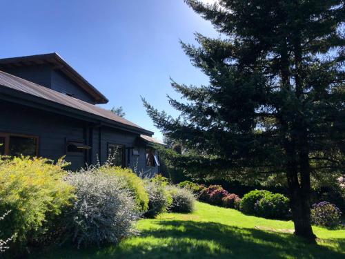 a house with a yard with a tree and bushes at Lofts Magnolias in Puerto Varas