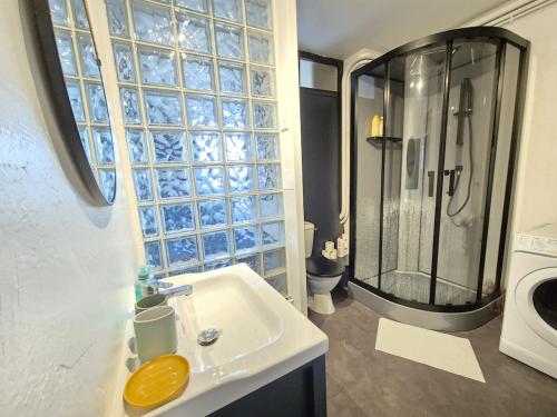 une salle de bain avec un lavabo et une grande fenêtre dans l'établissement Le Jean Perche #Hypercentre#Confort, à Clermont-Ferrand