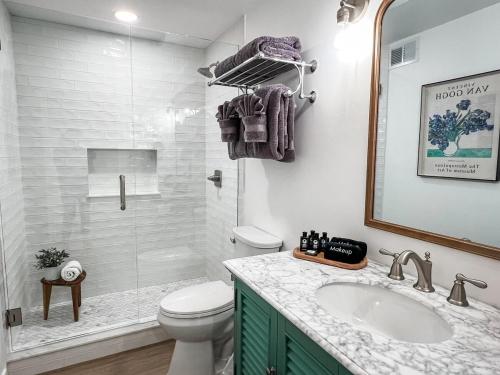 Un baño con inodoro, lavabo y ducha. en Bright & Cozy Basement Retreat, en American Fork