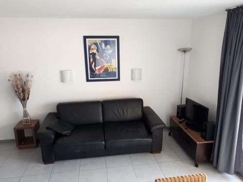 un salon avec un canapé noir et une télévision dans l'établissement Cannes 3P Appt 3P Front de Mer Terrasse Piscine VUE MER, à Cannes