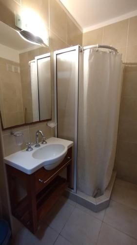 a bathroom with a sink and a shower with a shower curtain at Hotel Bertiami in Mar del Plata