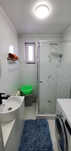 a bathroom with a shower and a sink and a washing machine at Квартира уют in Karakol