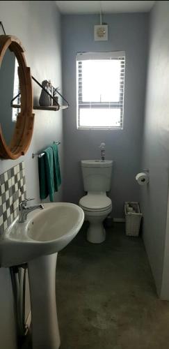 a bathroom with a toilet and a sink and a mirror at View on the Bay 7 Pinta Crescent in St Helena Bay