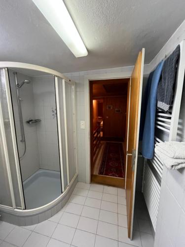 ベルヴァルトにあるChalet Waldesruhのバスルーム(シャワー、ウォークインシャワー付)