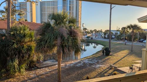 a palm tree in front of a street with buildings at Double Take! Renovated Vacation Home in Panama City Beach
